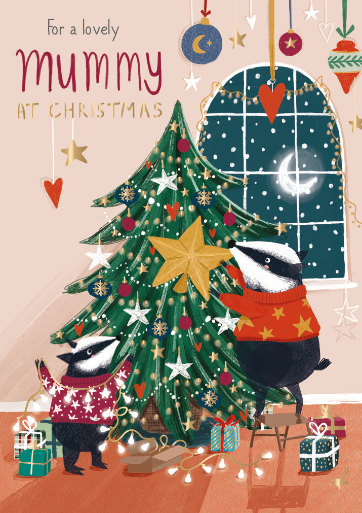 A Lovely Mummy Xmas Tree With Badgers Christmas Card
