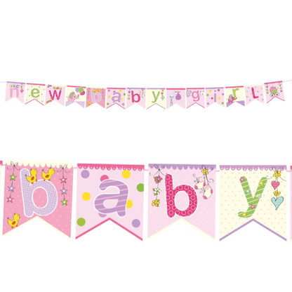 New Baby Girl Pink Flag Bunting Paper Board & Glitter On String