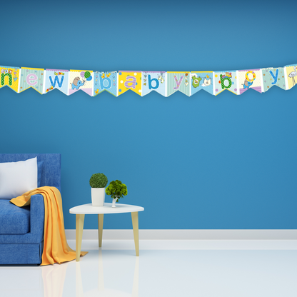 New Baby Boy Blue Flag Bunting Paper Board & Glitter On String