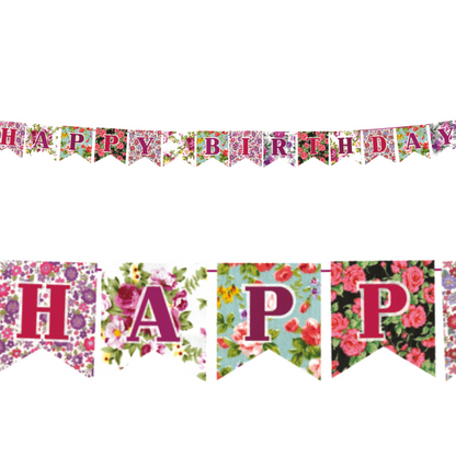 Floral Birthday Flag Bunting Paper Board & Varnished On String