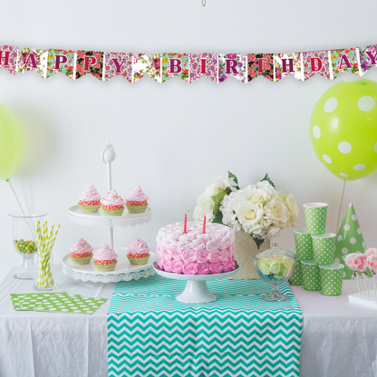 Floral Birthday Flag Bunting Paper Board & Varnished On String