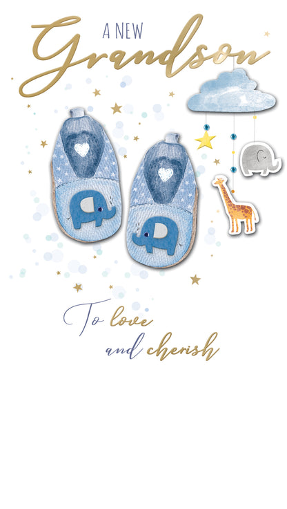 A New Grandson To Cherish New Baby Card Embellished Champagne Greeting Card