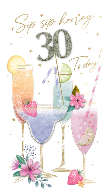 Female 30th Birthday Card Embellished Cocktail Drinks Champagne Greeting Card