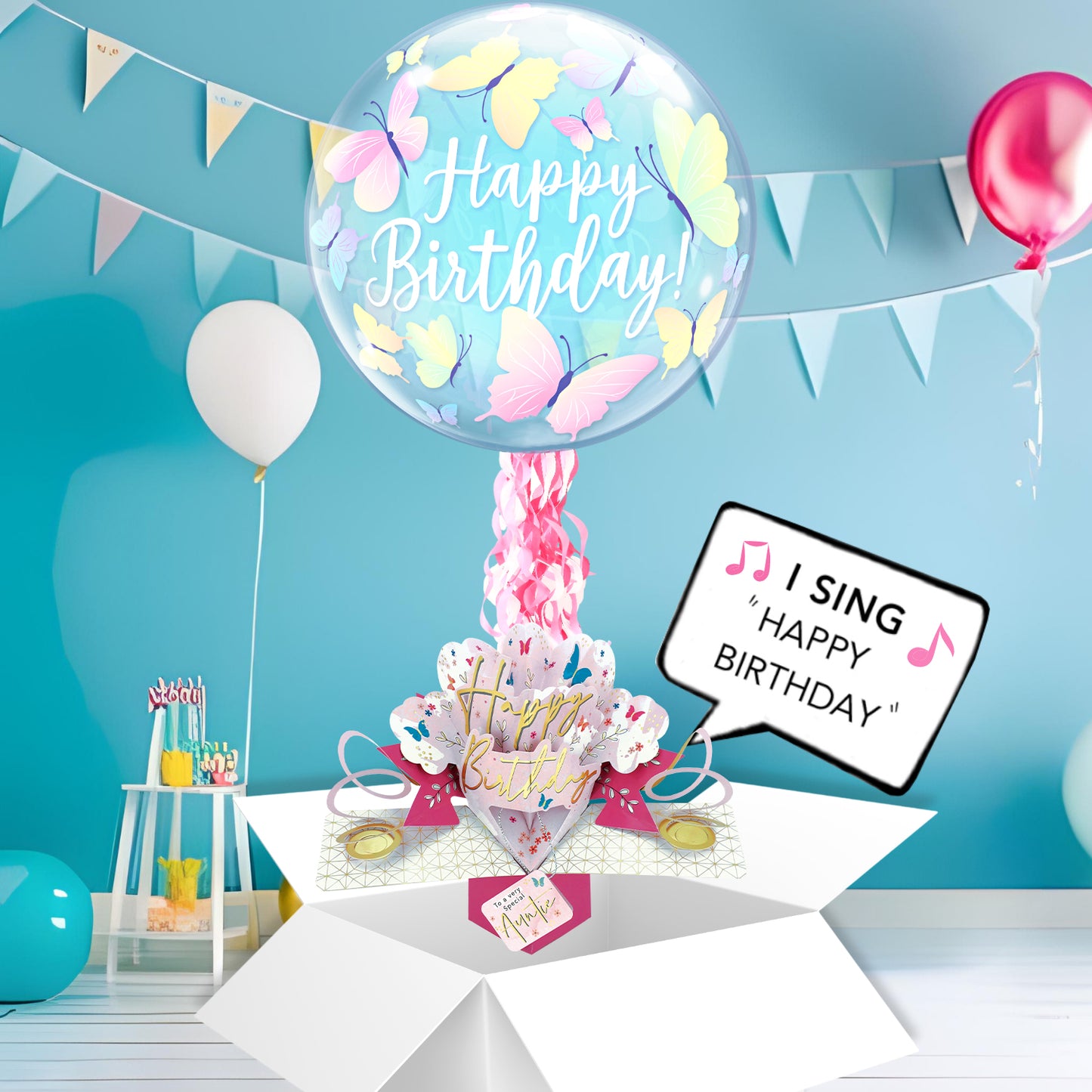 Auntie Birthday Pop Up Card & Musical Balloon Surprise Delivered In A Box