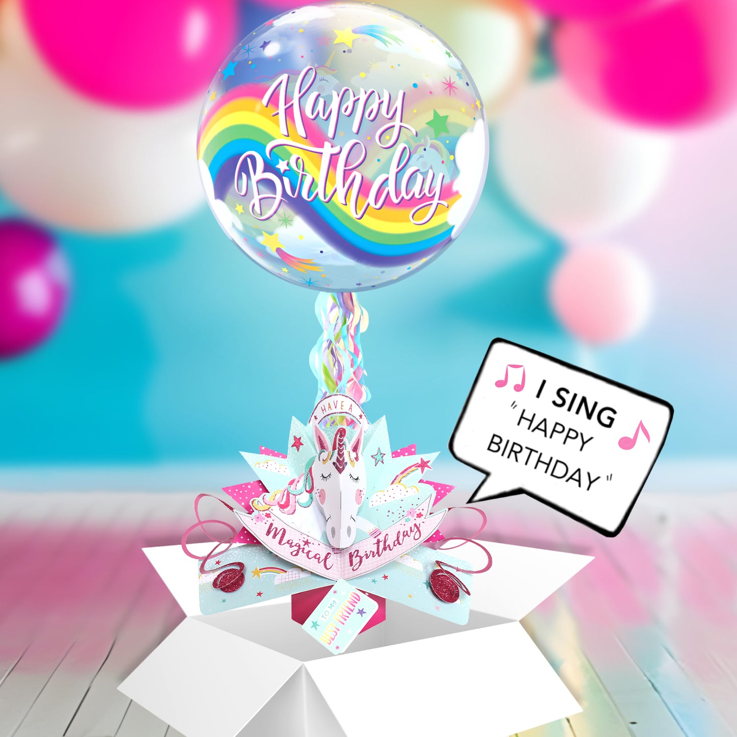 Cousin Birthday Unicorn Pop Up Card & Musical Balloon Surprise Delivered In A Box
