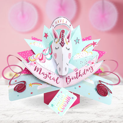 Cousin Birthday Unicorn Pop Up Card & Musical Balloon Surprise Delivered In A Box