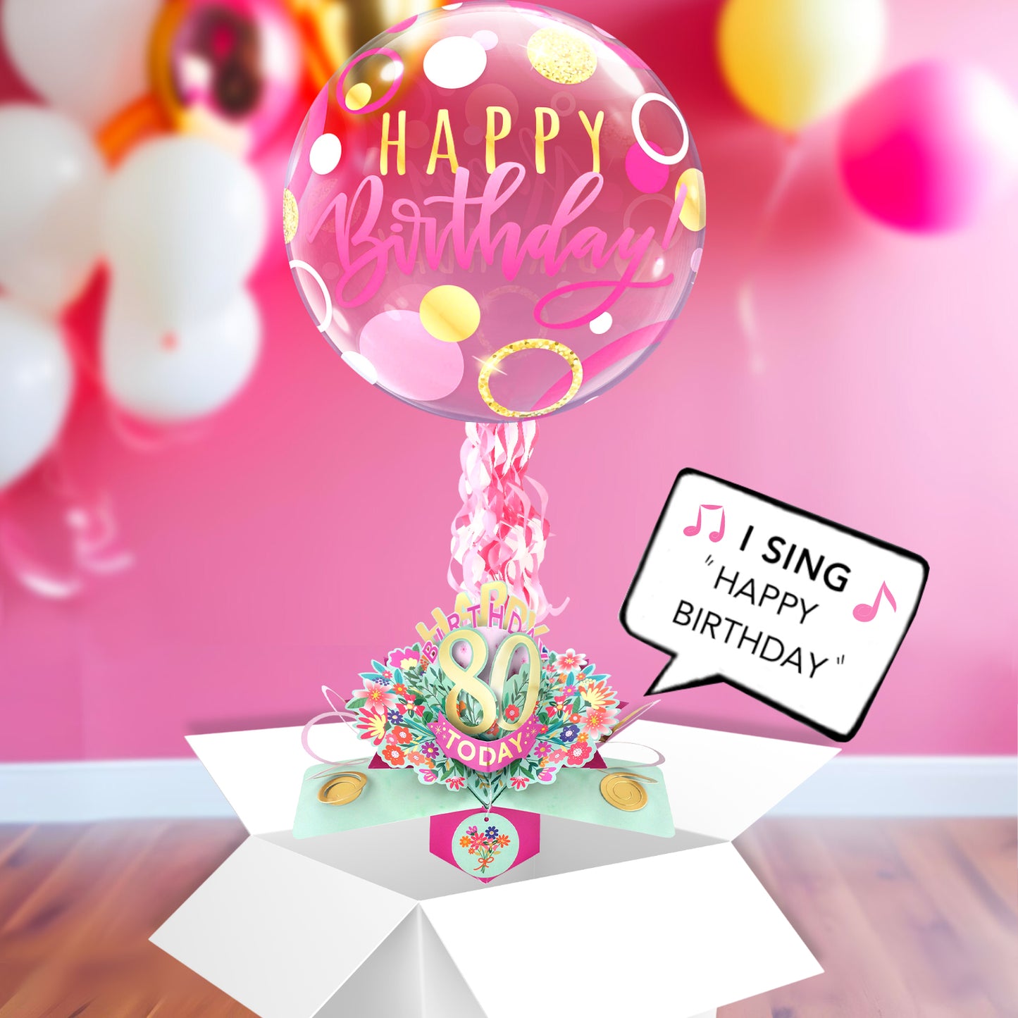 80th Birthday Pop Up Card & Musical Balloon Surprise Delivered In A Box For Her