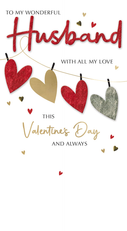 Wonderful Husband Love On A Line Valentines Day Hand-Finished Greeting Card