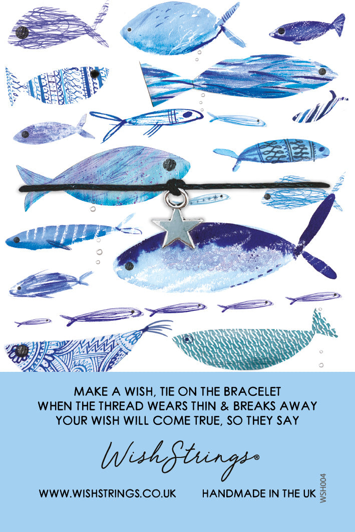 Artistic Patterned Blue Fish Wish String Bracelet With Lucky Charm