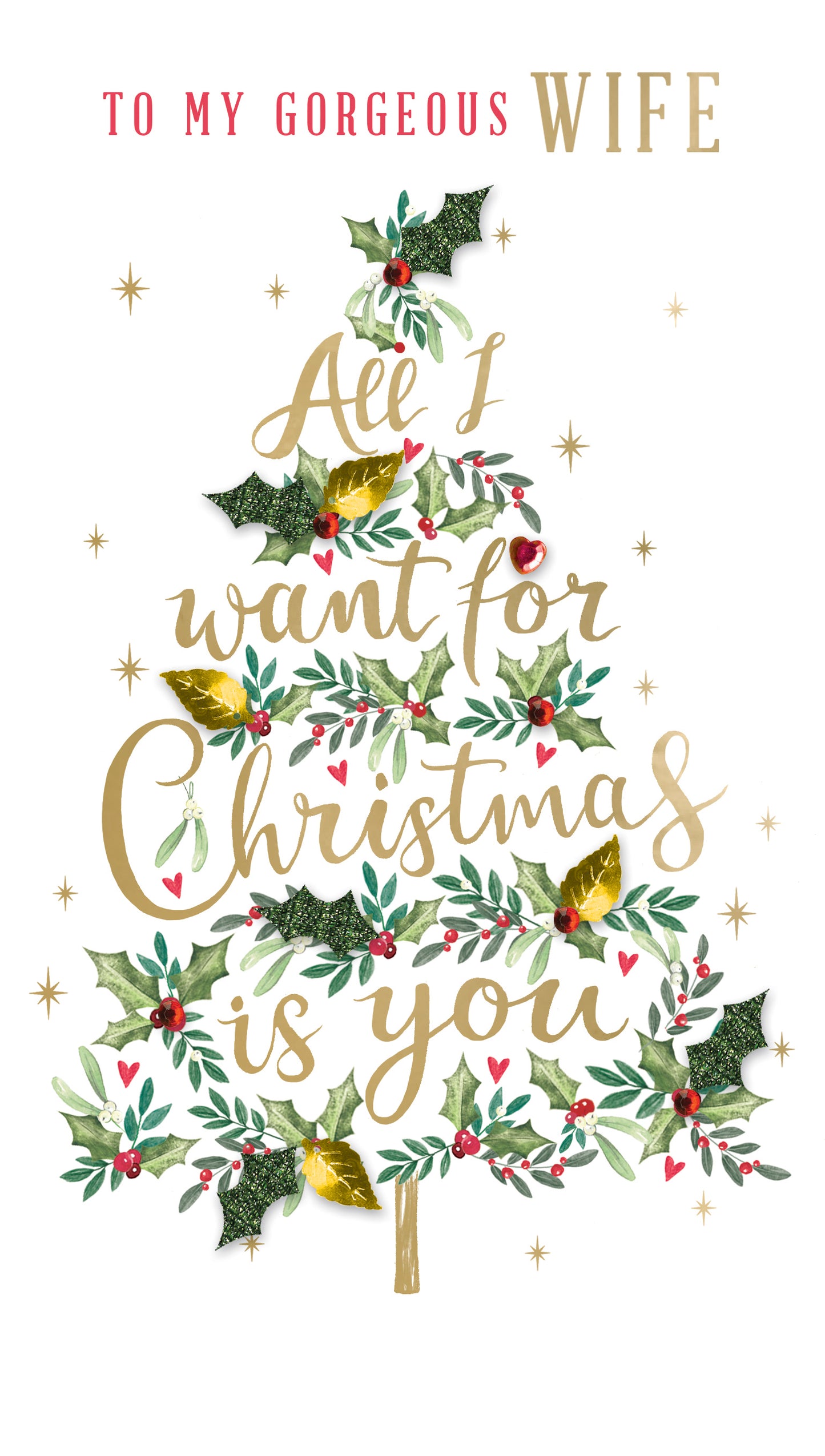 Gorgeous Wife Xmas Tree Embellished Christmas Card Hand-Finished