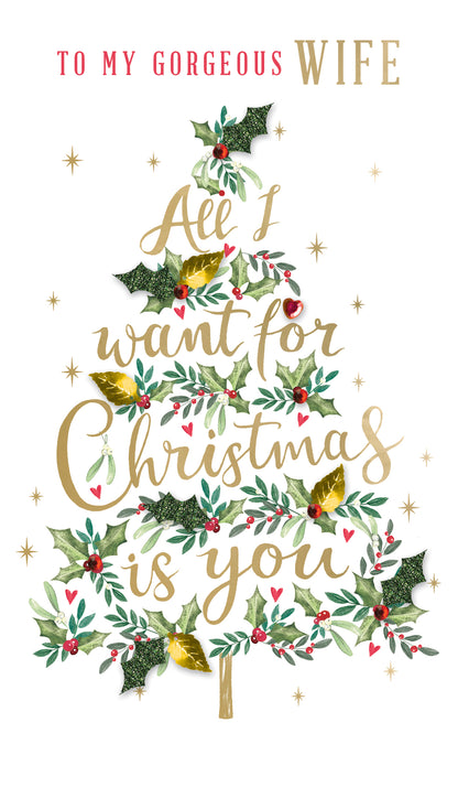 Gorgeous Wife Xmas Tree Embellished Christmas Card Hand-Finished