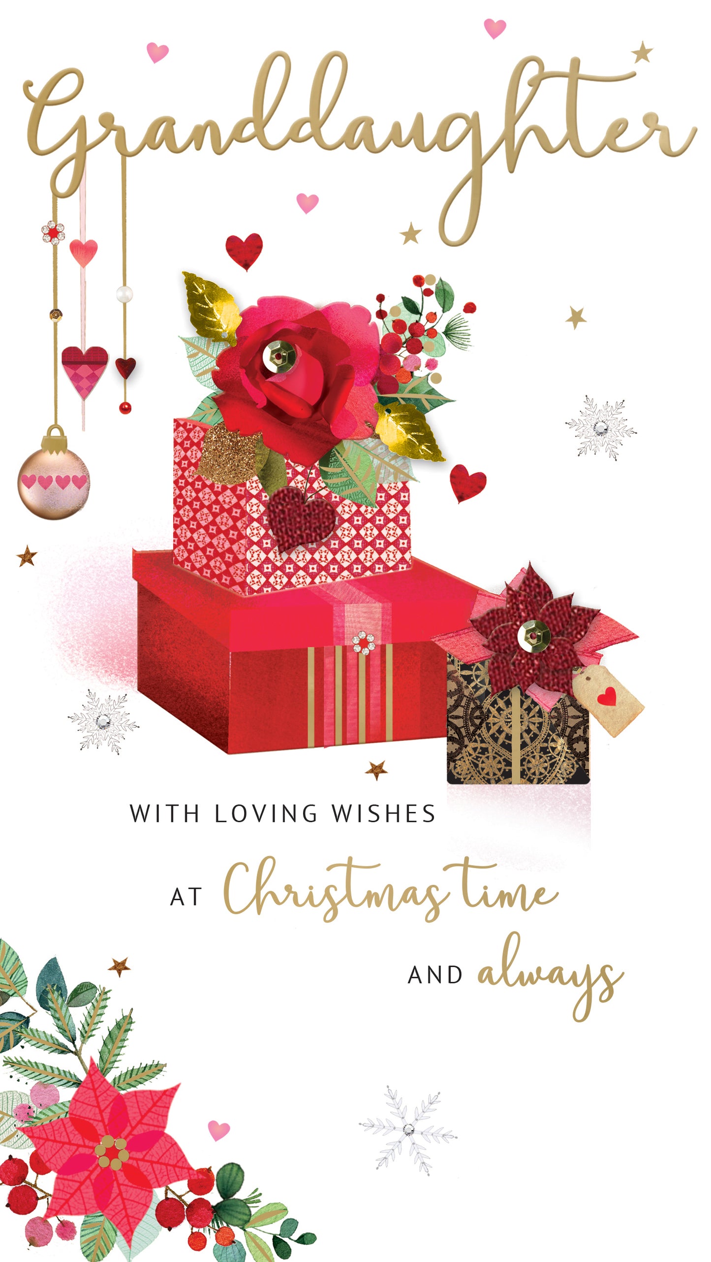 Granddaughter Poinsettia Embellished Christmas Card Hand-Finished