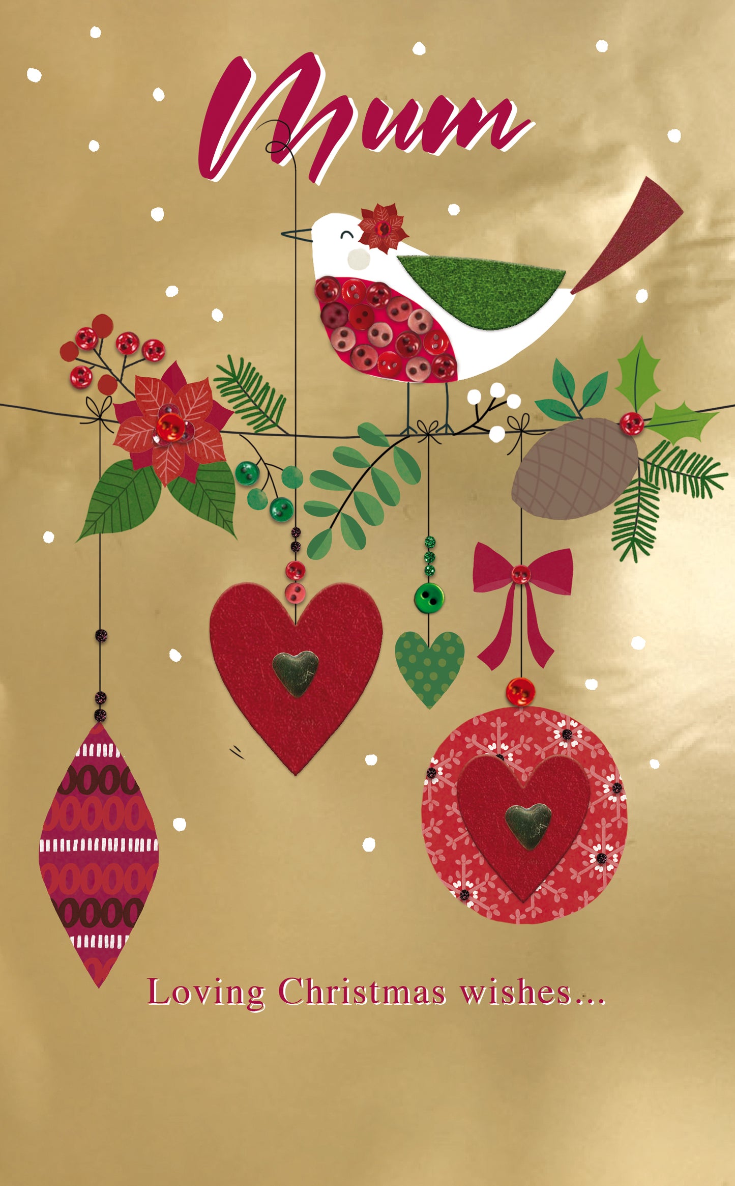 Mum Festive Robin On Garland Embellished Christmas Card