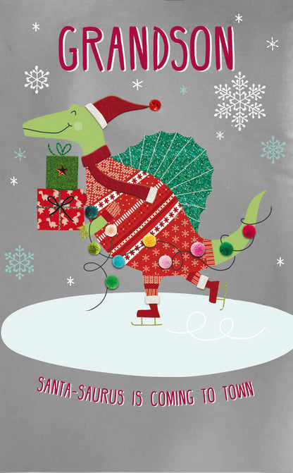 Grandson Ice Skating Dinosaur Embellished Christmas Card