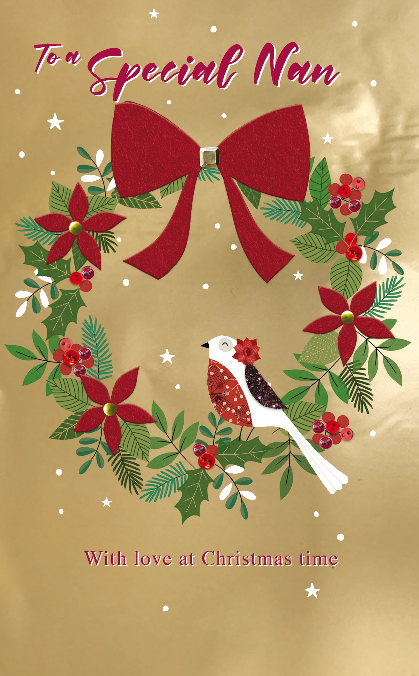 Nan Festive Robin & Poinsettia Embellished Christmas Card