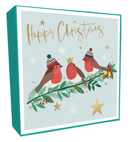 Box of 6 Three Festive Robins Luxury Hand-Finished Christmas Cards
