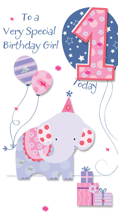 Girls 1st Birthday 1 Today Embellished Greeting Card