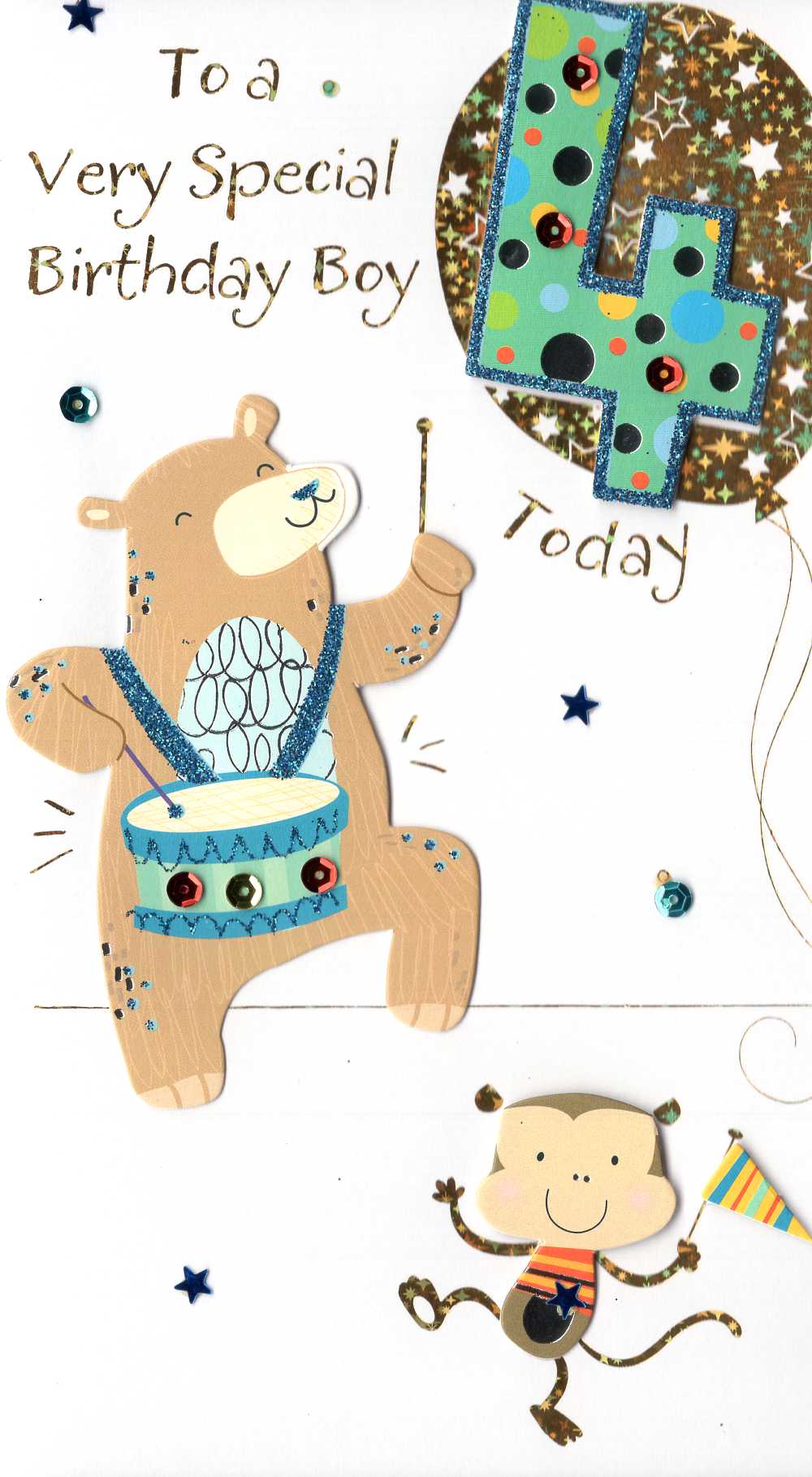 Boys 4th Birthday 4 Today Embellished Greeting Card