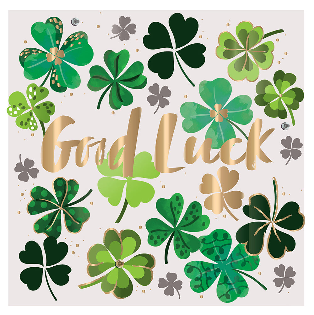 Good Luck Lucky Four-Leaf Clover Gold Foiled Greeting Card