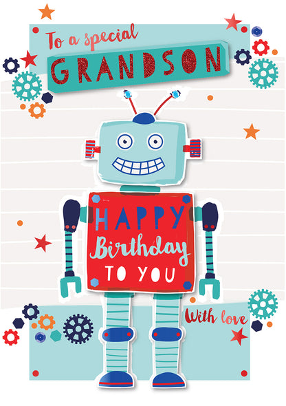 Robot Grandson Embellished Happy Birthday Greeting Card
