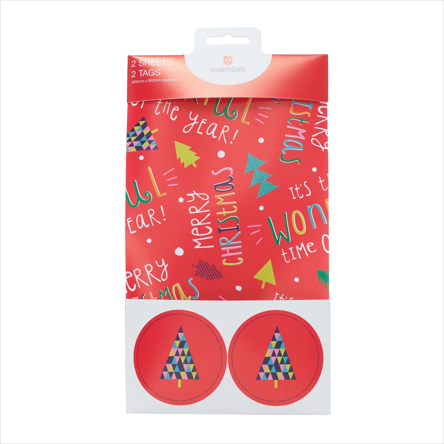 Merry Christmas Red Gift Wrap Pack Contains 2 Sheets & Tags