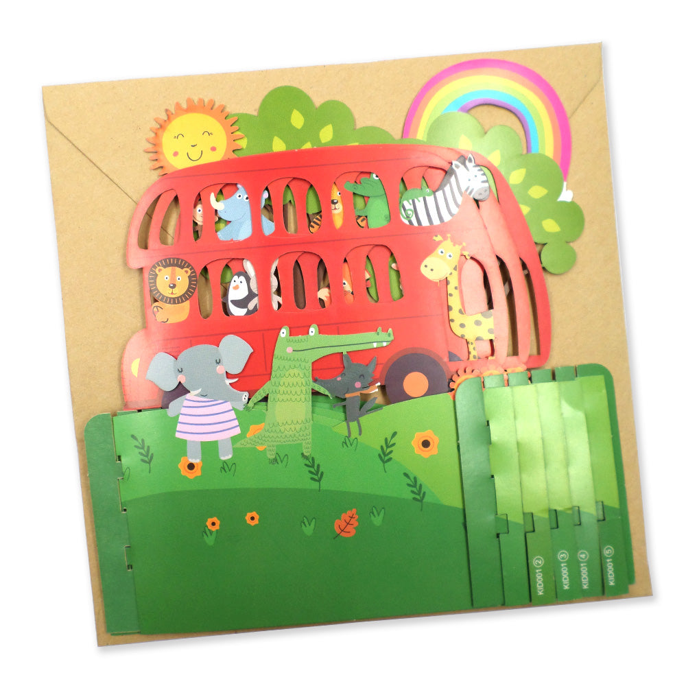 Children's Animals Red Bus Ride 3D Pop Up Birthday Greeting Card