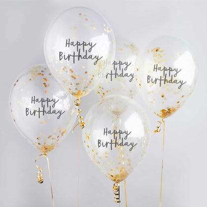 Hootyballoo 5 Pack Gold Happy Birthday 12" Confetti Balloons  Partyware