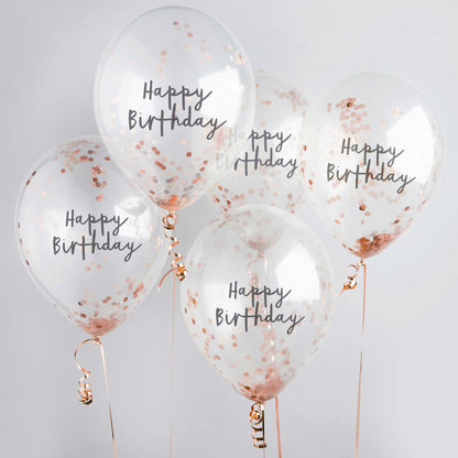 Hootyballoo 5 Pack Rose Gold Happy Birthday 12" Confetti Balloons Partyware