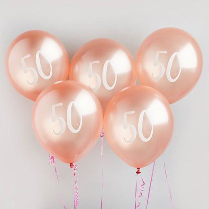 Hootyballoo 5 Pack Rose Gold Number '50' Balloons Party Decorations Partyware