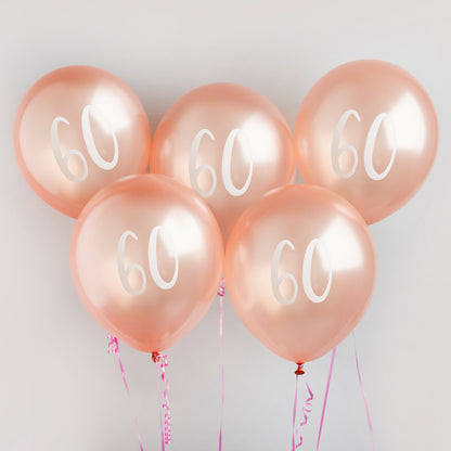 Hootyballoo 5 Pack Rose Gold Number '60' Balloons Party Decorations Partyware