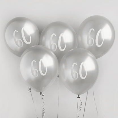 Hootyballoo 5 Pack Silver Number '60' Balloons Party Decorations Partyware