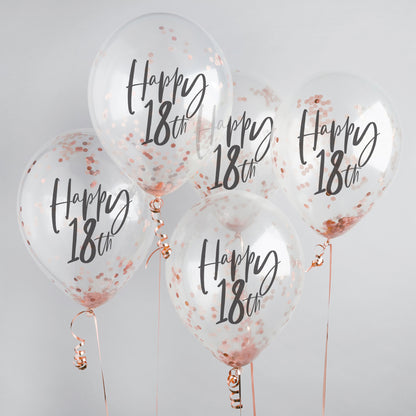 Hootyballoo 5 Pack Rose Gold Happy 18th Confetti Balloons Birthday Partyware