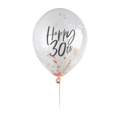 Hootyballoo 5 Pack Rose Gold Happy 30th Confetti Balloons Birthday Partyware