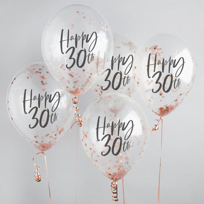 Hootyballoo 5 Pack Rose Gold Happy 30th Confetti Balloons Birthday Partyware