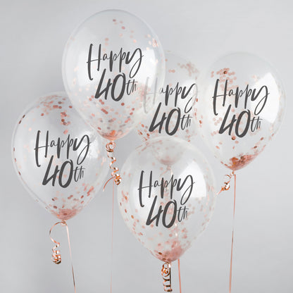 Hootyballoo 5 Pack Rose Gold Happy 40th Confetti Balloons Birthday Partyware