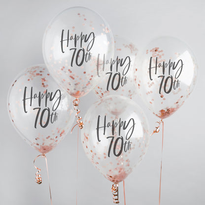 Hootyballoo 5 Pack Rose Gold Happy 70th Confetti Balloons Birthday Partyware