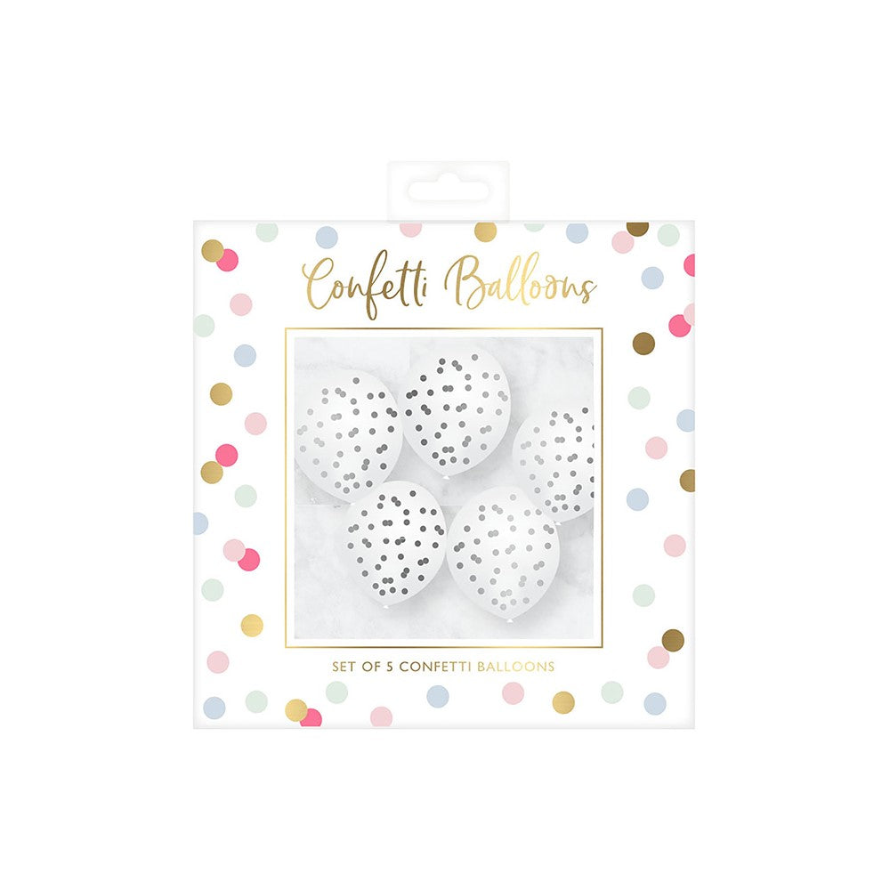 Set Of 5 Silver Confetti Party Balloons Air Or Helium Fill