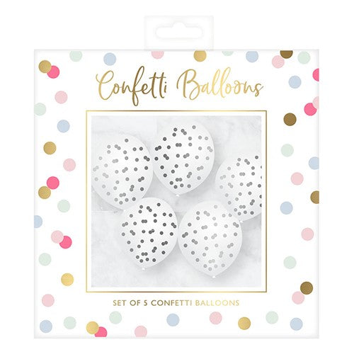 Set Of 5 Silver Confetti Party Balloons Air Or Helium Fill