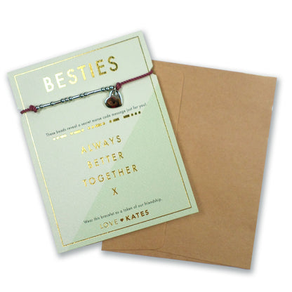 Besties Morse Code Bracelet String With Beads & Heart Charm With Mini Envelope