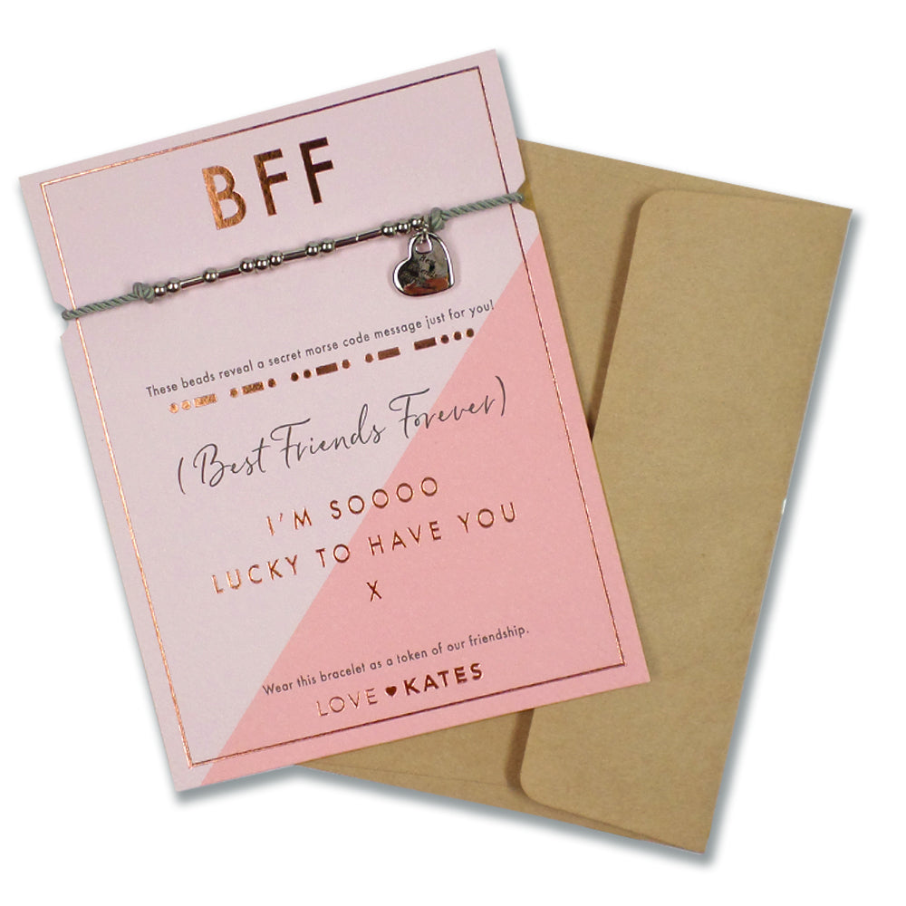 BFF Best Friends Forever Morse Code Bracelet String With Beads & Heart Charm With Mini Envelope