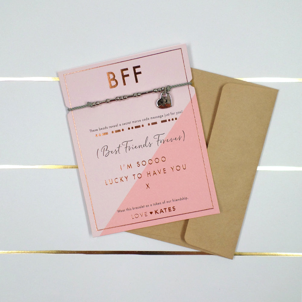 BFF Best Friends Forever Morse Code Bracelet String With Beads & Heart Charm With Mini Envelope