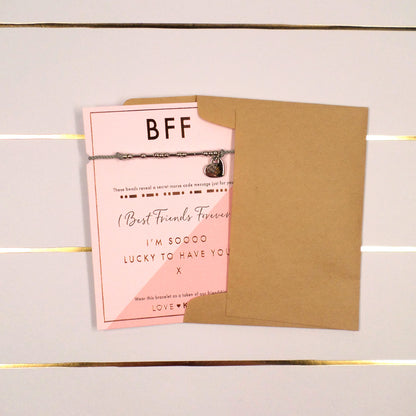 BFF Best Friends Forever Morse Code Bracelet String With Beads & Heart Charm With Mini Envelope