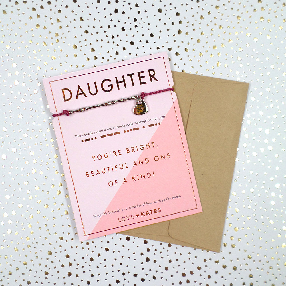 Daughter Morse Code Bracelet String With Beads & Heart Charm With Mini Envelope