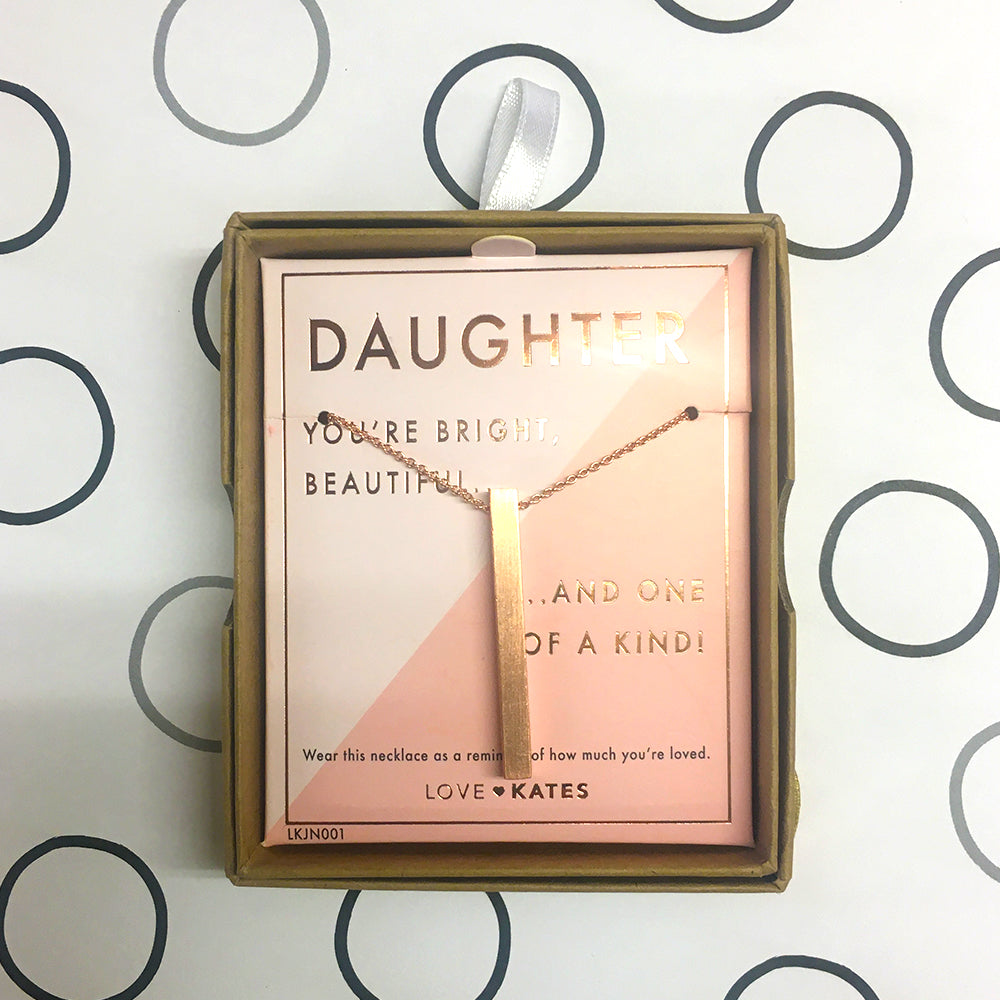 Daughter One Of A Kind Brushed Rose Gold Vertical Bar Necklace In Presentation Box