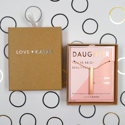 Daughter One Of A Kind Brushed Rose Gold Vertical Bar Necklace In Presentation Box