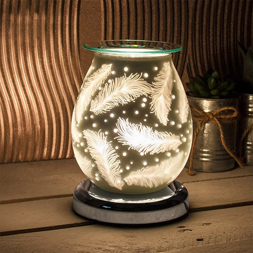 Feathers Design Satin White Aroma Electric Touch Lamp Wax Or Oil Warmer