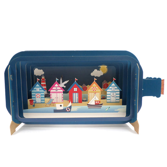 Message In A Bottle Beach Huts Pop Up Birthday Greeting Card