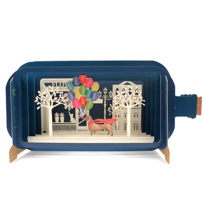 Message In A Bottle Dog & Balloon Pop Up Birthday Greeting Card