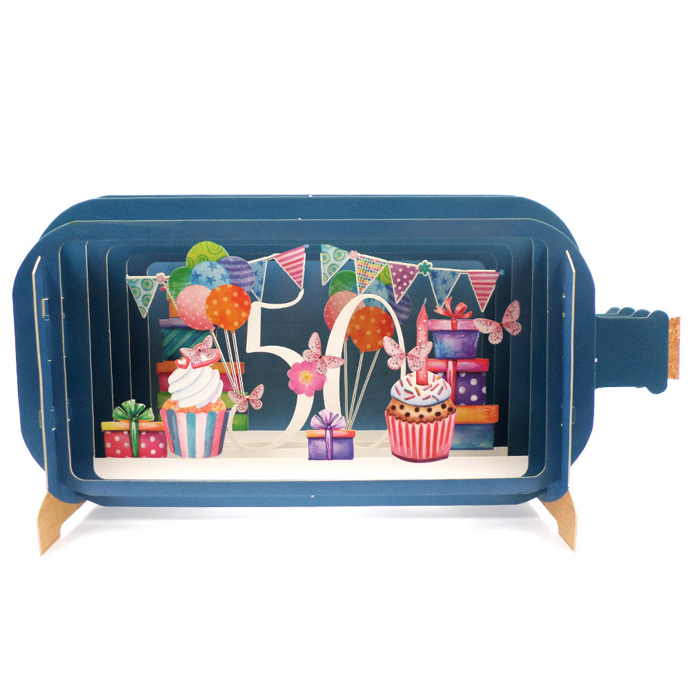 Message In A Bottle Cupcake 50th Pop Up Birthday Greeting Card