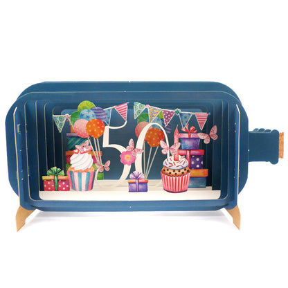 Message In A Bottle Cupcake 50th Pop Up Birthday Greeting Card